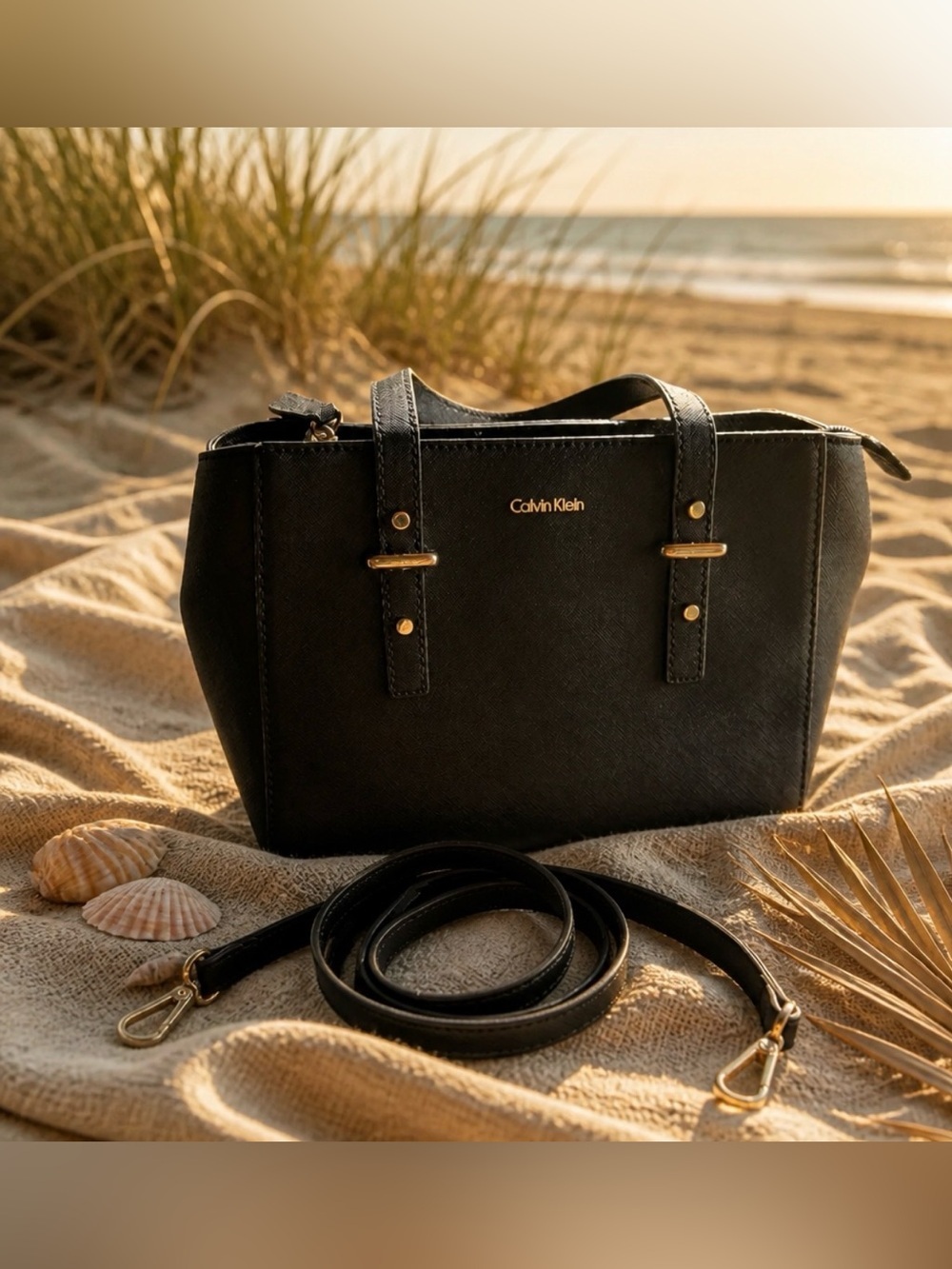 Calvin Klein Black Saffiano Leather Shoulder Tote with Gold Hardware